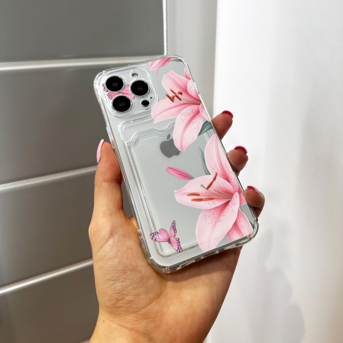 Pink Lily Butterfly Card Holder Phone Case for iPhone 17 16 15 14 13 12 11 11 Pro Max Mini 7 8 XR Wallet Shockproof Phone Cover Custom Name