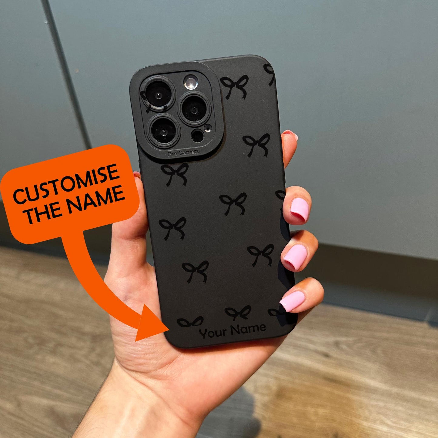 Black Bow Pattern Phone Case for iPhone 16 15 14 13 12 11 11 Pro Max Mini 7 8 XR XS X Shockproof Phone Cover with Customised Name