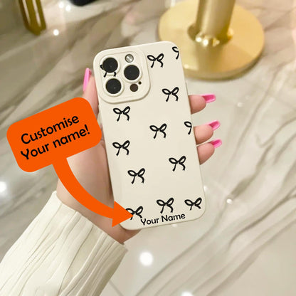 Black Bow Pattern Beige Phone Case for iPhone 17 16 15 14 13 12 11 11 Pro Max Mini 7 8 XR XS X Shockproof Phone Cover with Personalised Name