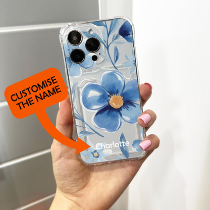 Blue Watercolor Flower Card Holder Phone Case for iPhone 17 16 15 14 13 12 11 11 Pro Max Mini 7 XR Wallet Shockproof Phone Cover Custom Name