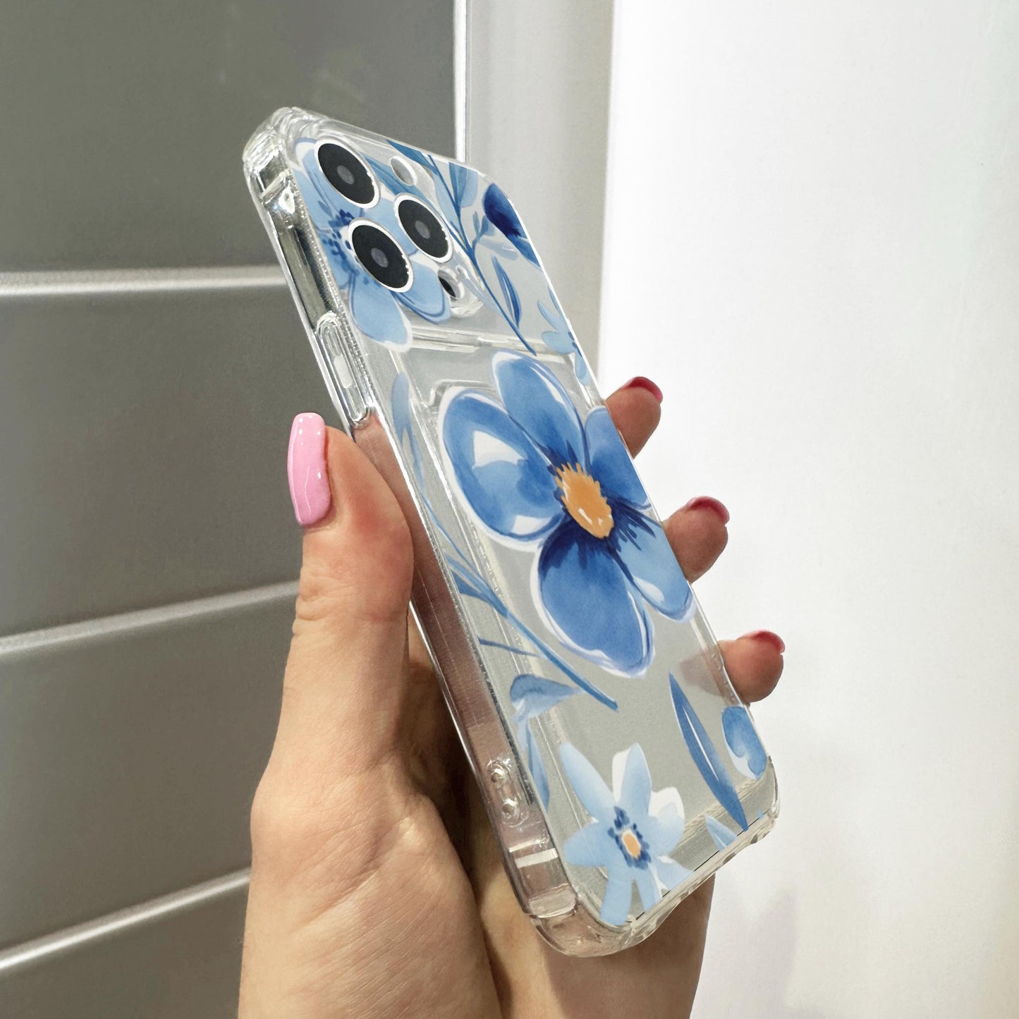 Blue Watercolor Flower Card Holder Phone Case for iPhone 17 16 15 14 13 12 11 11 Pro Max Mini 7 XR Wallet Shockproof Phone Cover Custom Name