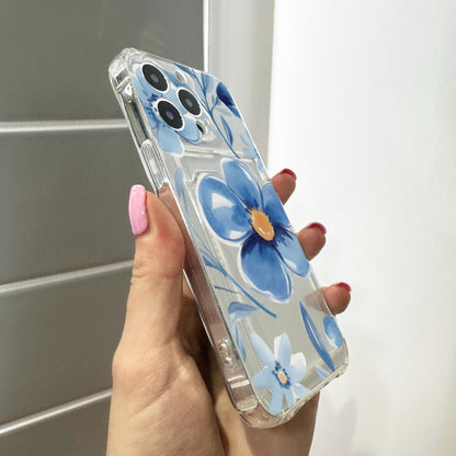 Blue Watercolor Flower Card Holder Phone Case for iPhone 17 16 15 14 13 12 11 11 Pro Max Mini 7 XR Wallet Shockproof Phone Cover Custom Name