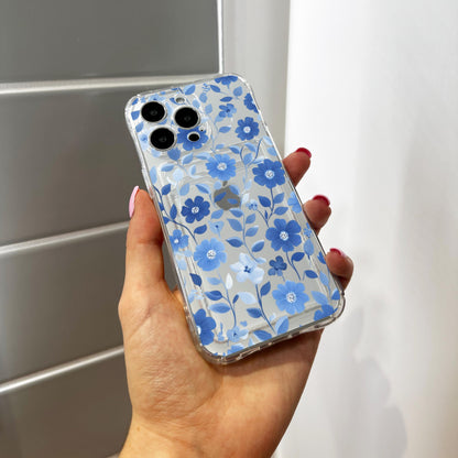 Blue Floral Pattern Card Holder Phone Case for iPhone 17 16 15 14 13 12 11 11 Pro Max Mini 7 8 XR Wallet Shockproof Phone Cover Custom Name