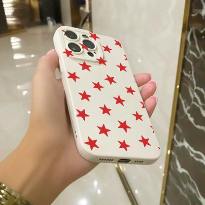 Red Star Pattern Beige Phone Case for iPhone 16 15 14 13 12 11 11 Pro Max Mini 7 8 XR XS X Shockproof Phone Cover with Personalised Name