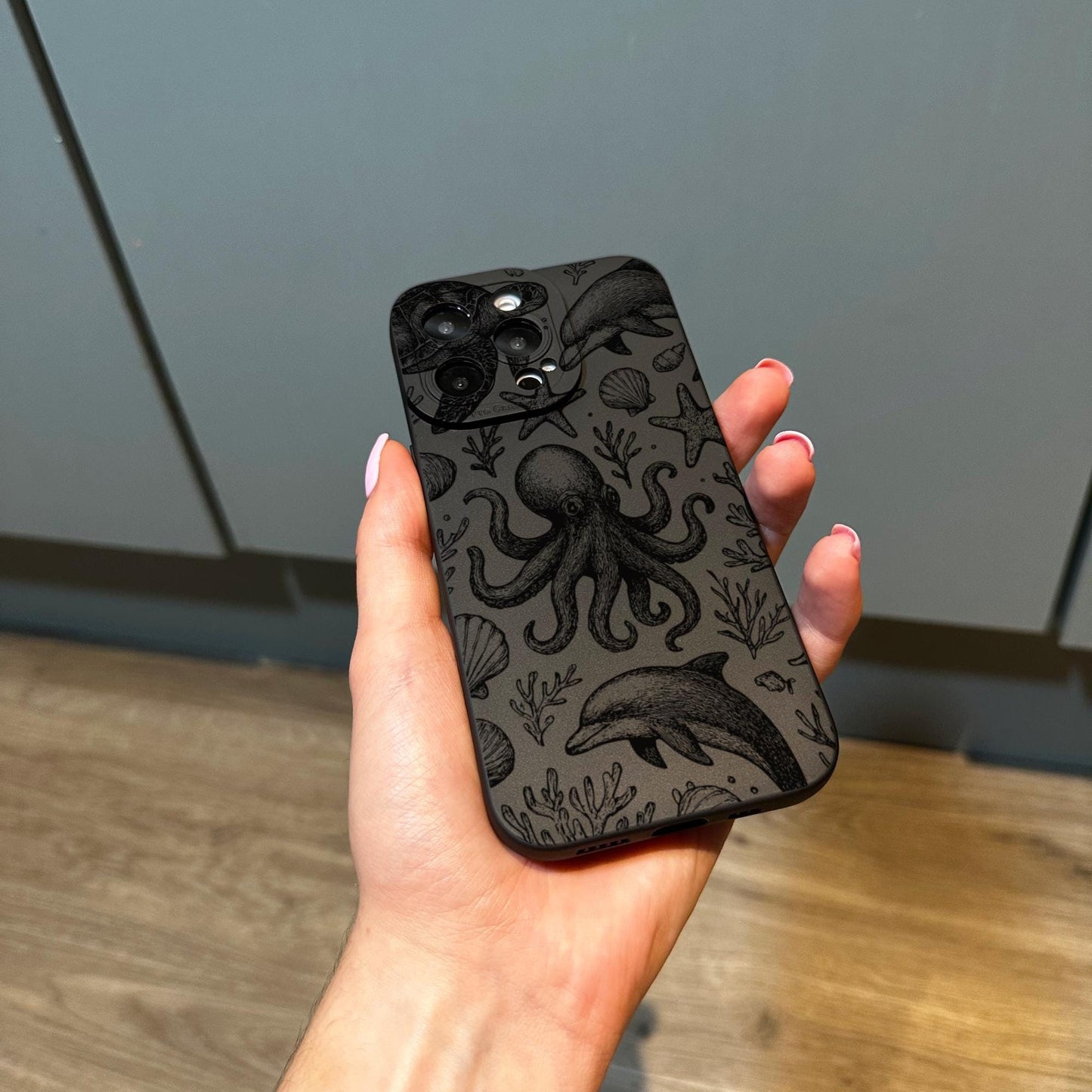 Sea Life Octopus Dolphin Black Phone Case for iPhone 17 16 15 14 13 12 11 11 Pro Max Mini 7 8 XR XS X Shockproof Phone Cover Custom Name