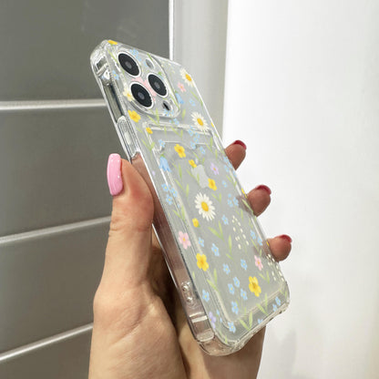 Floral Ditsy Flower Card Holder Phone Case for iPhone 17 16 15 14 13 12 11 11 Pro Max Mini 7 8 XR Wallet Shockproof Phone Cover Custom Name