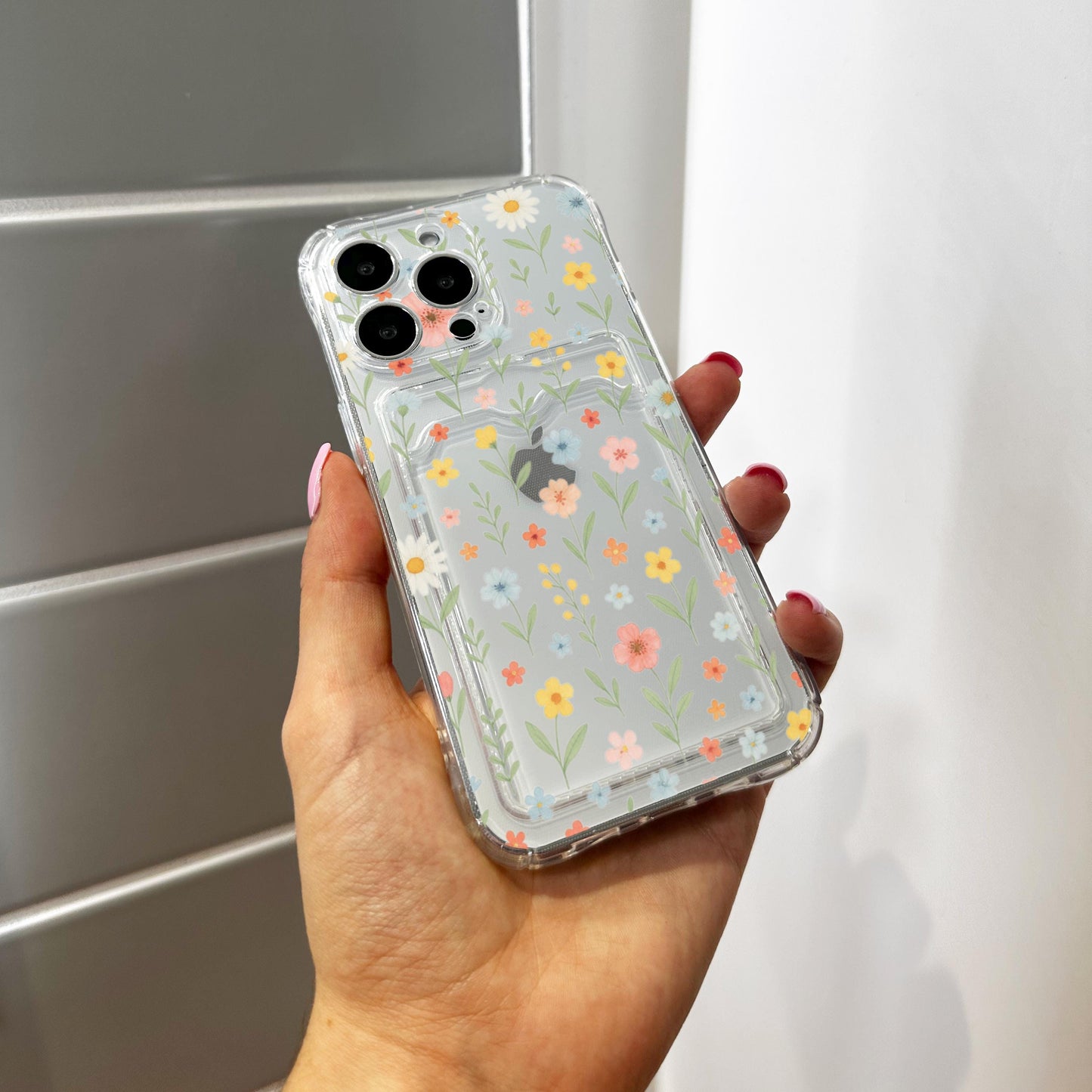 Floral Ditsy Flower Card Holder Phone Case for iPhone 17 16 15 14 13 12 11 11 Pro Max Mini 7 8 XR Wallet Shockproof Phone Cover Custom Name