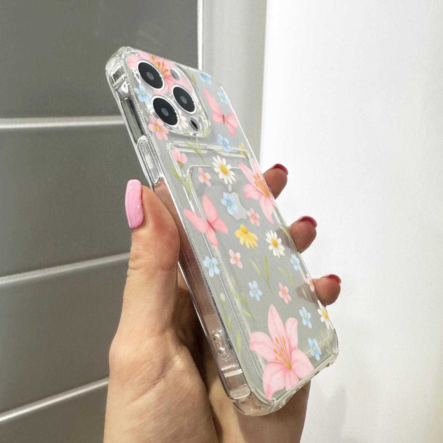 Pink Hibiscus Flower Floral Card Holder Phone Case for iPhone 16 15 14 13 12 11 11 Pro Max Mini XR Wallet Shockproof Phone Cover Custom Name