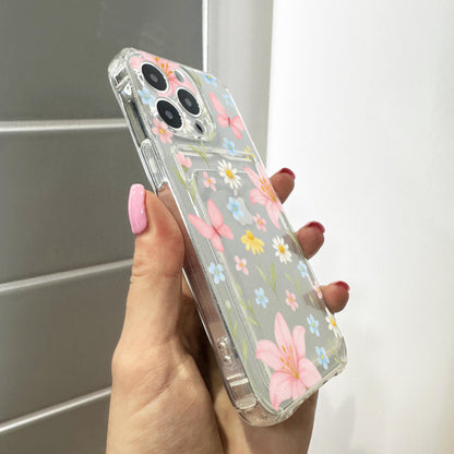 Pink Hibiscus Flower Floral Card Holder Phone Case for iPhone 16 15 14 13 12 11 11 Pro Max Mini XR Wallet Shockproof Phone Cover Custom Name