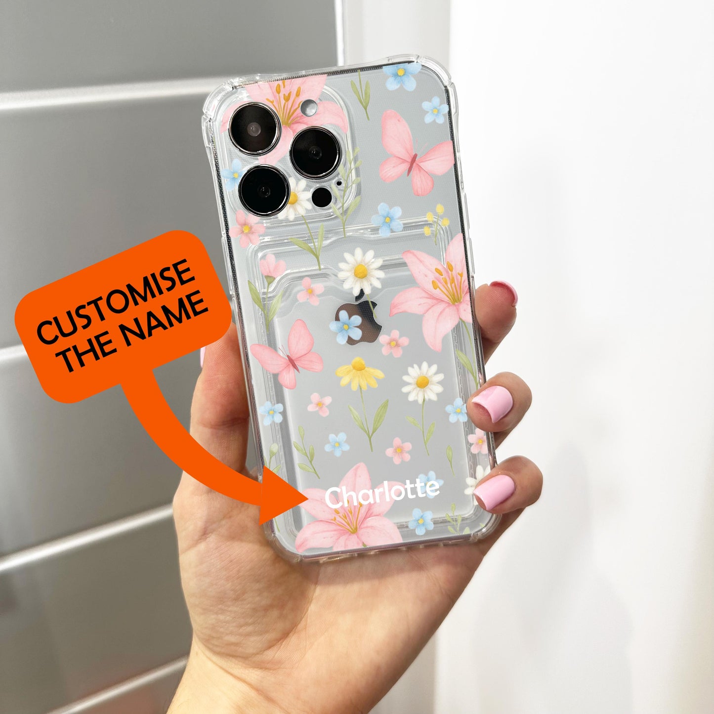 Pink Hibiscus Flower Floral Card Holder Phone Case for iPhone 16 15 14 13 12 11 11 Pro Max Mini XR Wallet Shockproof Phone Cover Custom Name