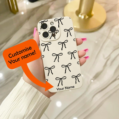 Black Bow Pattern Beige Phone Case for iPhone 17 16 15 14 13 12 11 11 Pro Max Mini 7 8 XR XS X Shockproof Phone Cover with Personalised Name