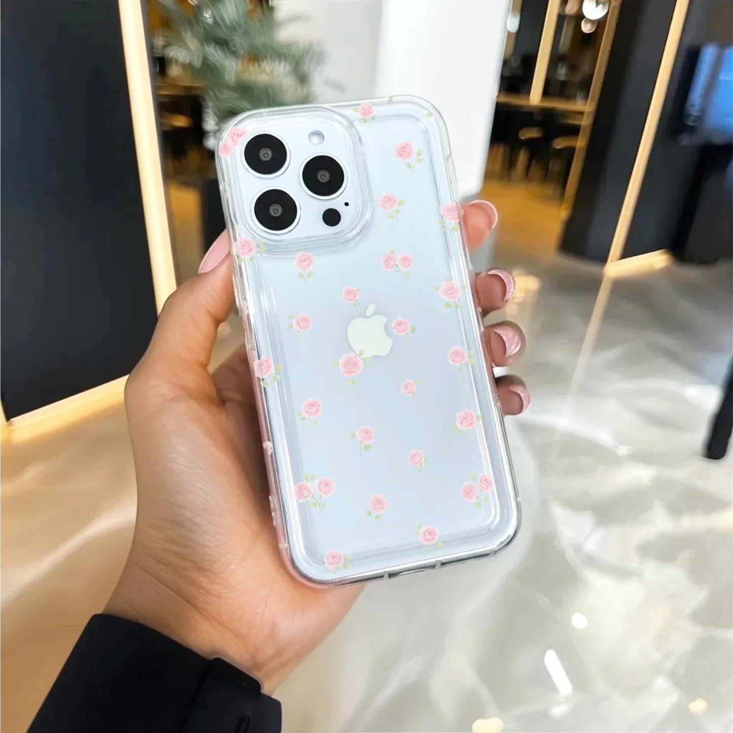 Small Pink Rose Floral Clear Phone Case for iPhone 16 15 14 13 12 11 11 Pro Max Mini 7 8 XR Shockproof Silicone Phone Cover with Custom Name