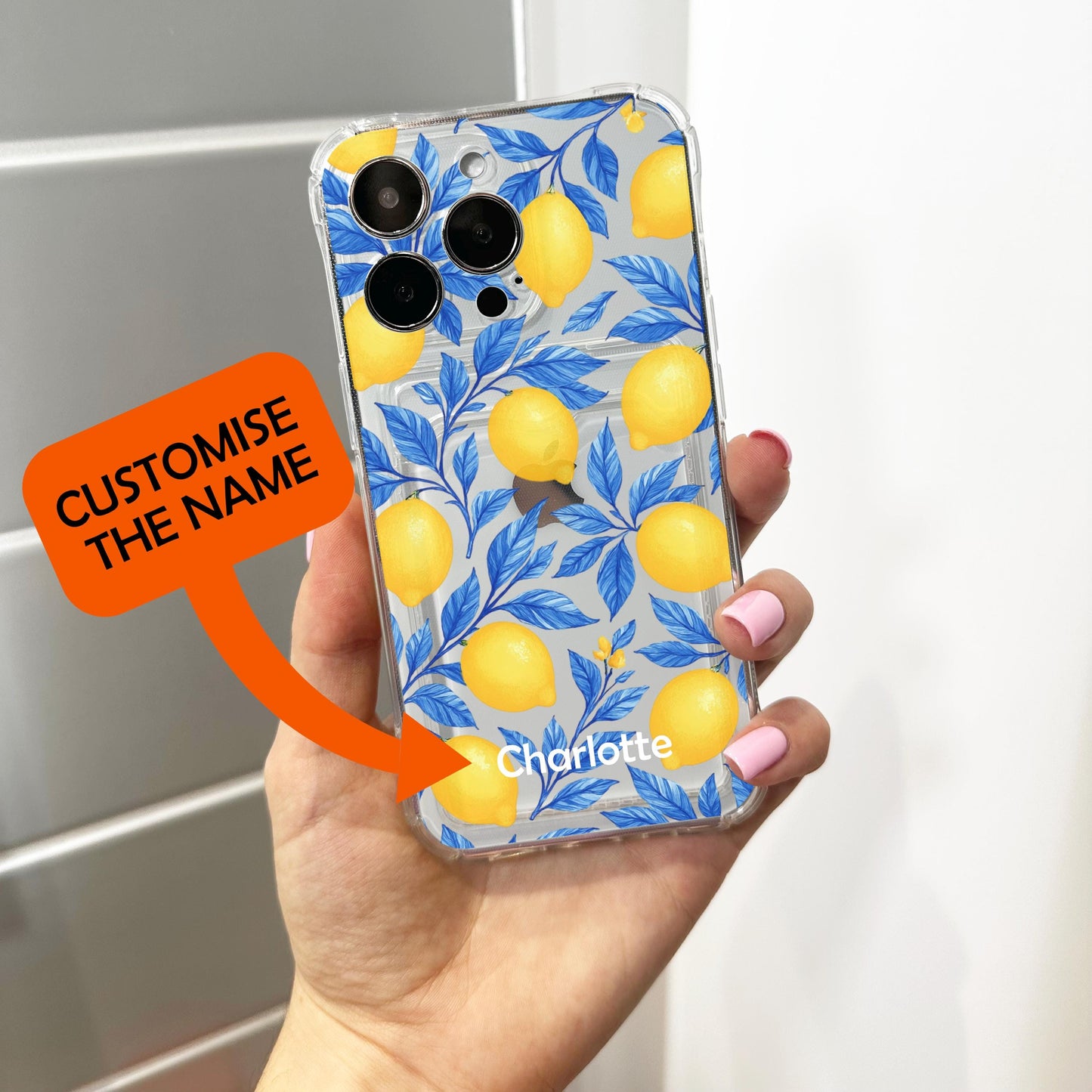 Blue Floral Lemon Card Holder Phone Case for iPhone 17 16 15 14 13 12 11 11 Pro Max Mini 7 8 XR X Wallet Shockproof Phone Cover Custom Name
