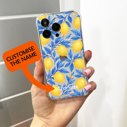 Blue Floral Lemon Card Holder Phone Case for iPhone 17 16 15 14 13 12 11 11 Pro Max Mini 7 8 XR X Wallet Shockproof Phone Cover Custom Name