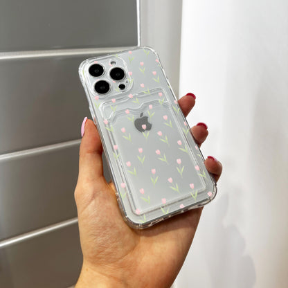 Small Pink Tulip Buds Pattern Card Holder Phone Case for iPhone 17 16 15 14 13 12 11 Pro Max Mini 7 XR Wallet Shockproof Cover Custom Name