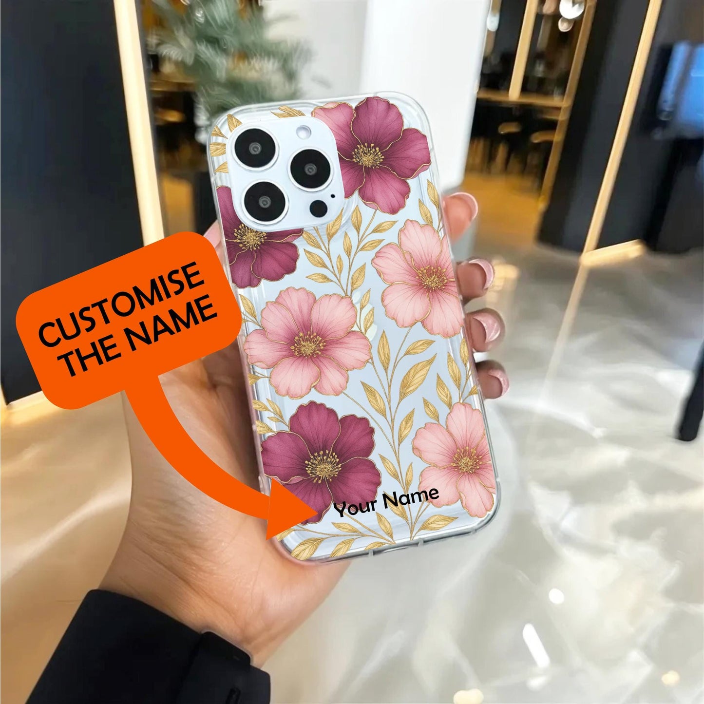 Pink & Purple Flowers with Gold Leaves Floral Clear Phone Case for iPhone 16 15 14 13 12 11 11 Pro Max Mini 7 8 XR X Wallet Shockproof Cover