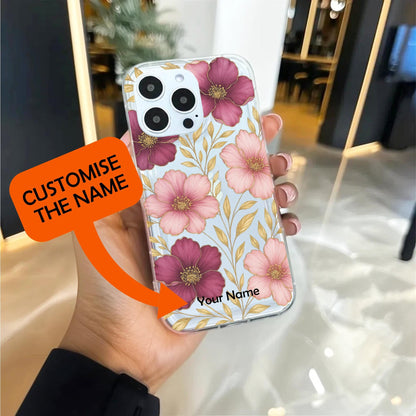 Pink & Purple Flowers with Gold Leaves Floral Clear Phone Case for iPhone 16 15 14 13 12 11 11 Pro Max Mini 7 8 XR X Wallet Shockproof Cover