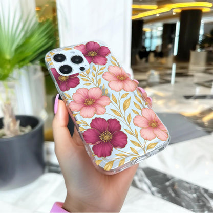 Pink & Purple Flowers with Gold Leaves Floral Clear Phone Case for iPhone 16 15 14 13 12 11 11 Pro Max Mini 7 8 XR X Wallet Shockproof Cover