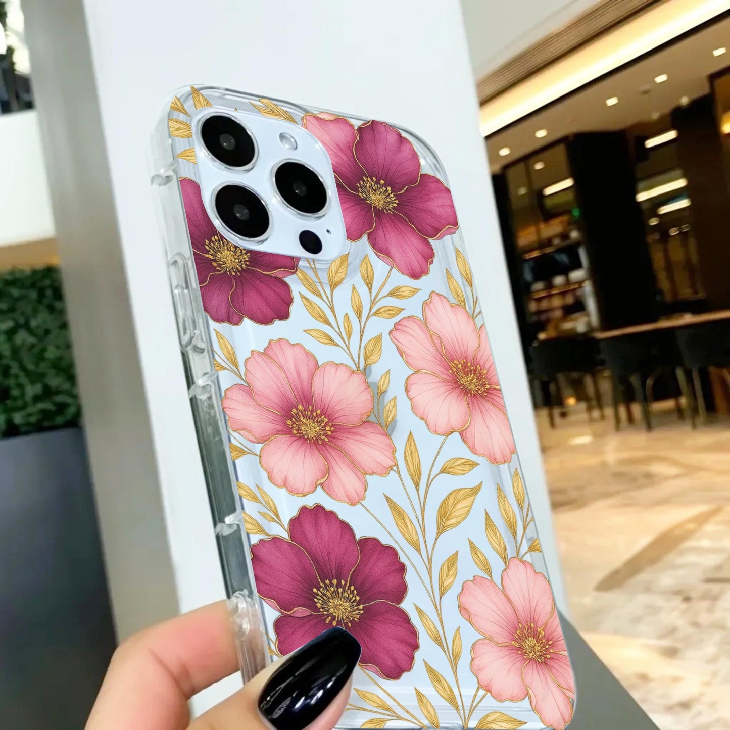 Pink & Purple Flowers with Gold Leaves Floral Clear Phone Case for iPhone 16 15 14 13 12 11 11 Pro Max Mini 7 8 XR X Wallet Shockproof Cover