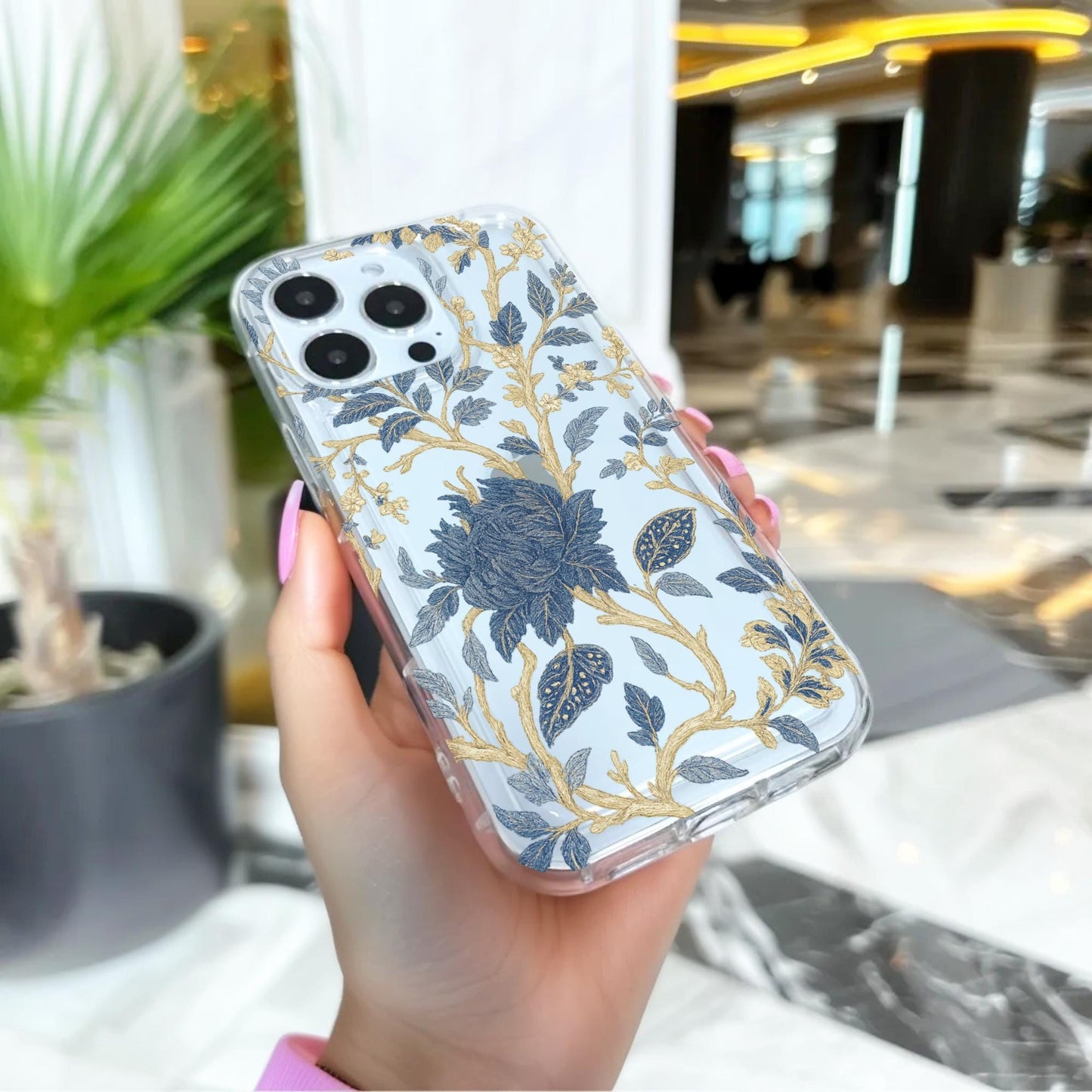 Blue Leaf Gold Tree Summer Floral Clear Phone Case for iPhone 16 15 14 13 12 11 11 Pro Max Mini 7 8 XR XS X XR Wallet Shockproof Cover