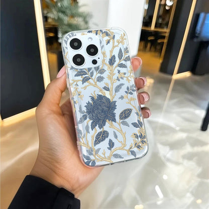 Blue Leaf Gold Tree Summer Floral Clear Phone Case for iPhone 16 15 14 13 12 11 11 Pro Max Mini 7 8 XR XS X XR Wallet Shockproof Cover