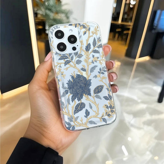 Blue Leaf Gold Tree Summer Floral Clear Phone Case for iPhone 16 15 14 13 12 11 11 Pro Max Mini 7 8 XR XS X XR Wallet Shockproof Cover