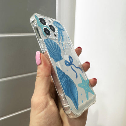 Shell Jelly Fish Bow Blue Ocean Card Holder Phone Case for iPhone 17 16 15 14 13 12 11 11 Pro Max Mini 7 8 XR Wallet Shockproof Phone Cover