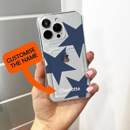 Blue Retro Star Pattern Card Holder Phone Case for iPhone 17 16 15 14 13 12 11 11 Pro Max Mini 7 8 XR Wallet Shockproof Phone Cover