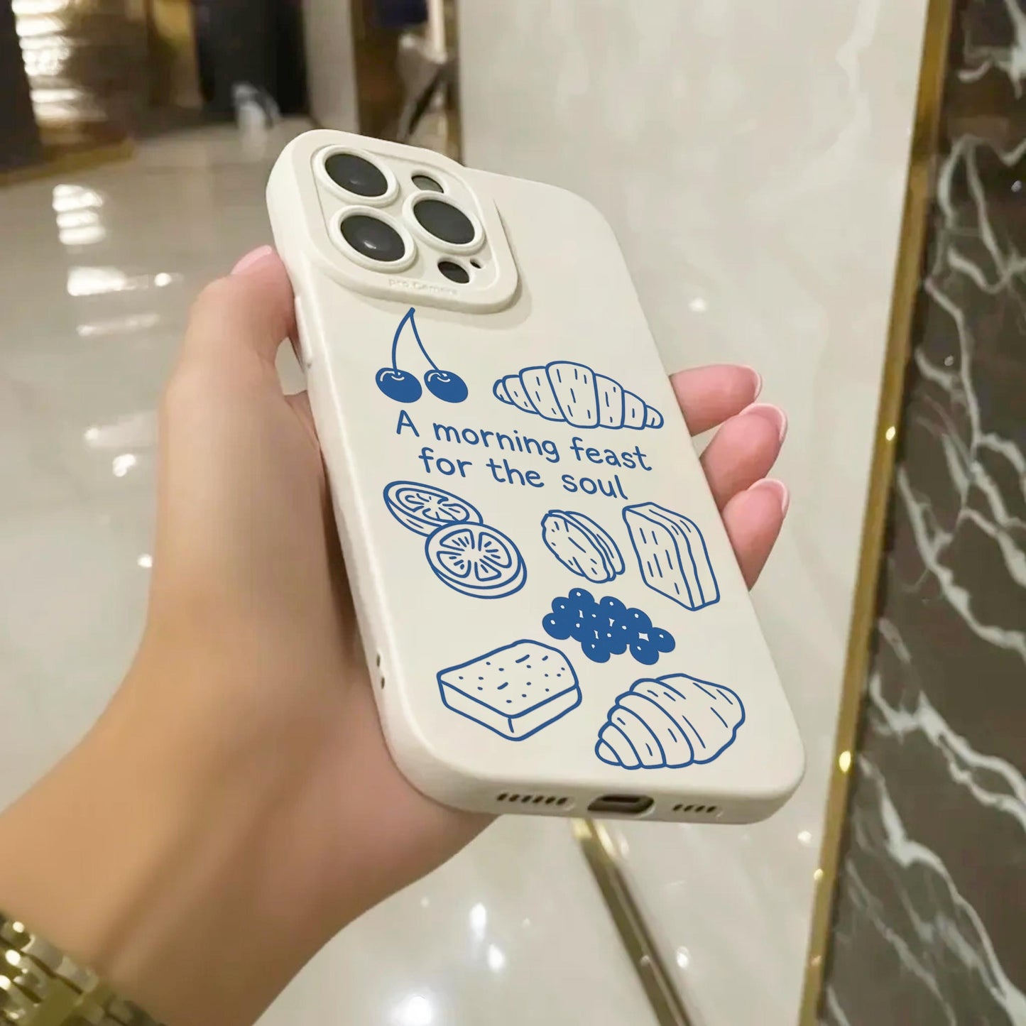 Breakfast Food Outline Beige Phone Case for iPhone 16 15 14 13 12 11 11 Pro Max Mini 7 8 XR XS X Shockproof Phone Cover with Custom Name