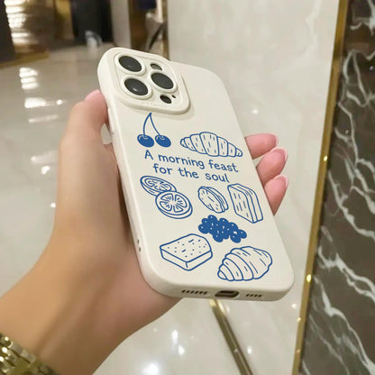 Breakfast Food Outline Beige Phone Case for iPhone 16 15 14 13 12 11 11 Pro Max Mini 7 8 XR XS X Shockproof Phone Cover with Custom Name
