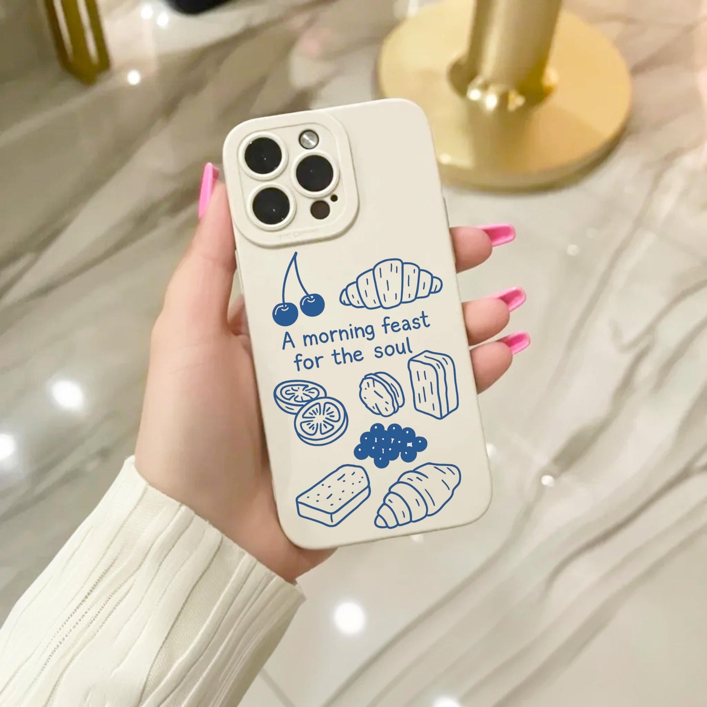 Breakfast Food Outline Beige Phone Case for iPhone 16 15 14 13 12 11 11 Pro Max Mini 7 8 XR XS X Shockproof Phone Cover with Custom Name