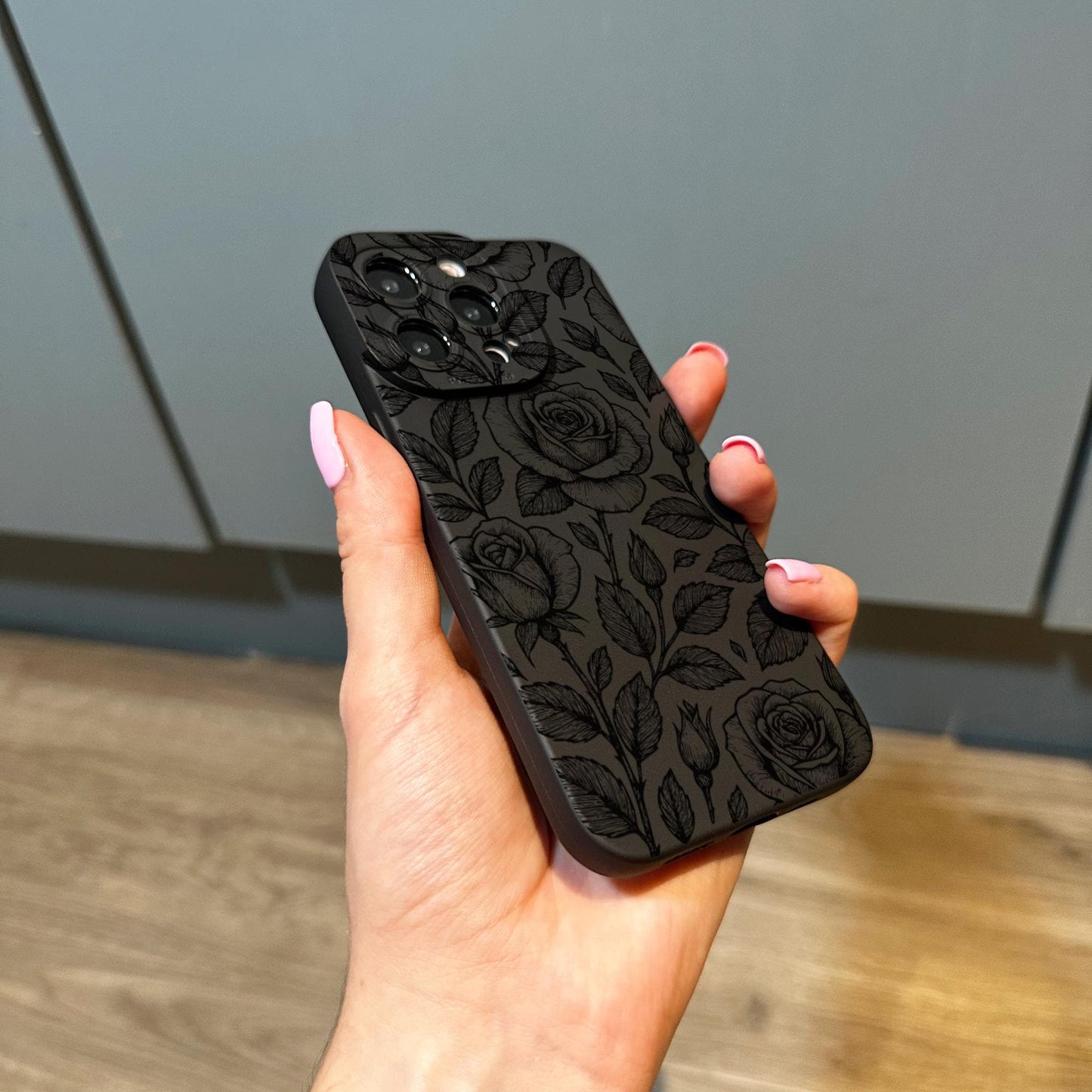 Floral Rose Pattern Black Phone Case for iPhone 17 16 15 14 13 12 11 11 Pro Max Mini 7 8 XR XS X Shockproof Phone Cover with Custom Name