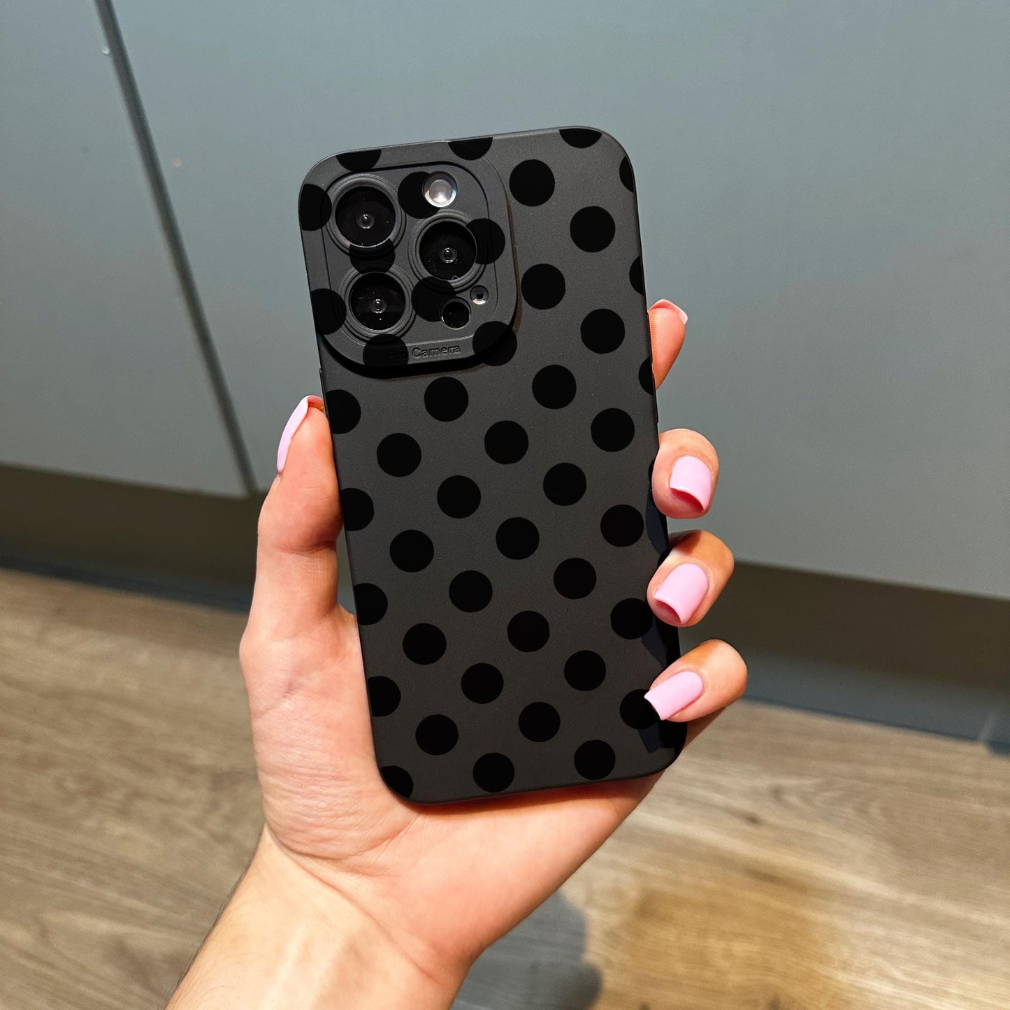 Polka Dot Pattern Black Phone Case for iPhone 17 16 15 14 13 12 11 11 Pro Max Mini 7 8 XR XS X Shockproof Phone Cover with Personalised Name
