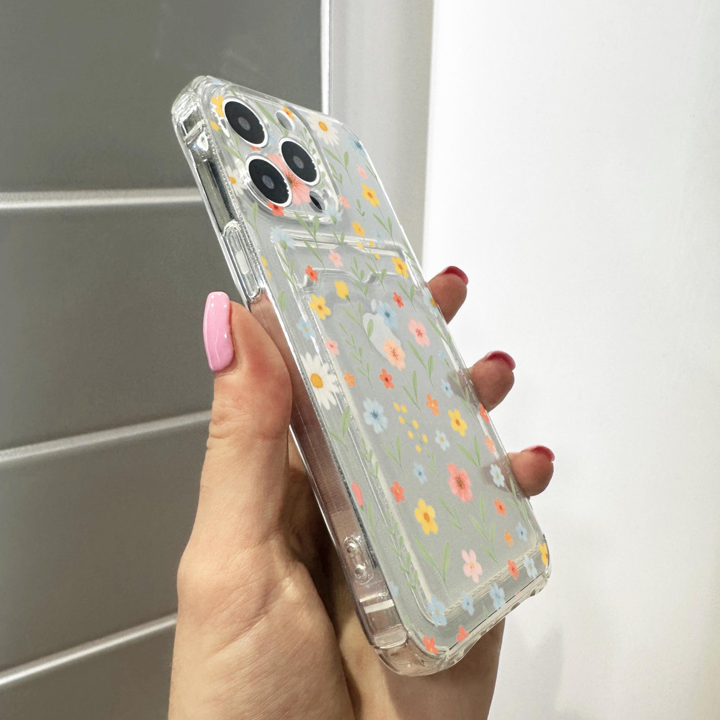 Floral Ditsy Flower Card Holder Phone Case for iPhone 17 16 15 14 13 12 11 11 Pro Max Mini 7 8 XR Wallet Shockproof Phone Cover Custom Name