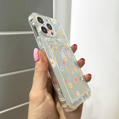 Floral Ditsy Flower Card Holder Phone Case for iPhone 17 16 15 14 13 12 11 11 Pro Max Mini 7 8 XR Wallet Shockproof Phone Cover Custom Name