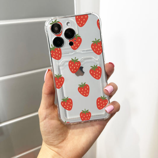 Red Strawberry Fruit Pattern Card Holder Phone Case for iPhone 17 16 15 14 13 12 11 11 Pro Max Mini 7 Wallet Shockproof Phone Cover Custom