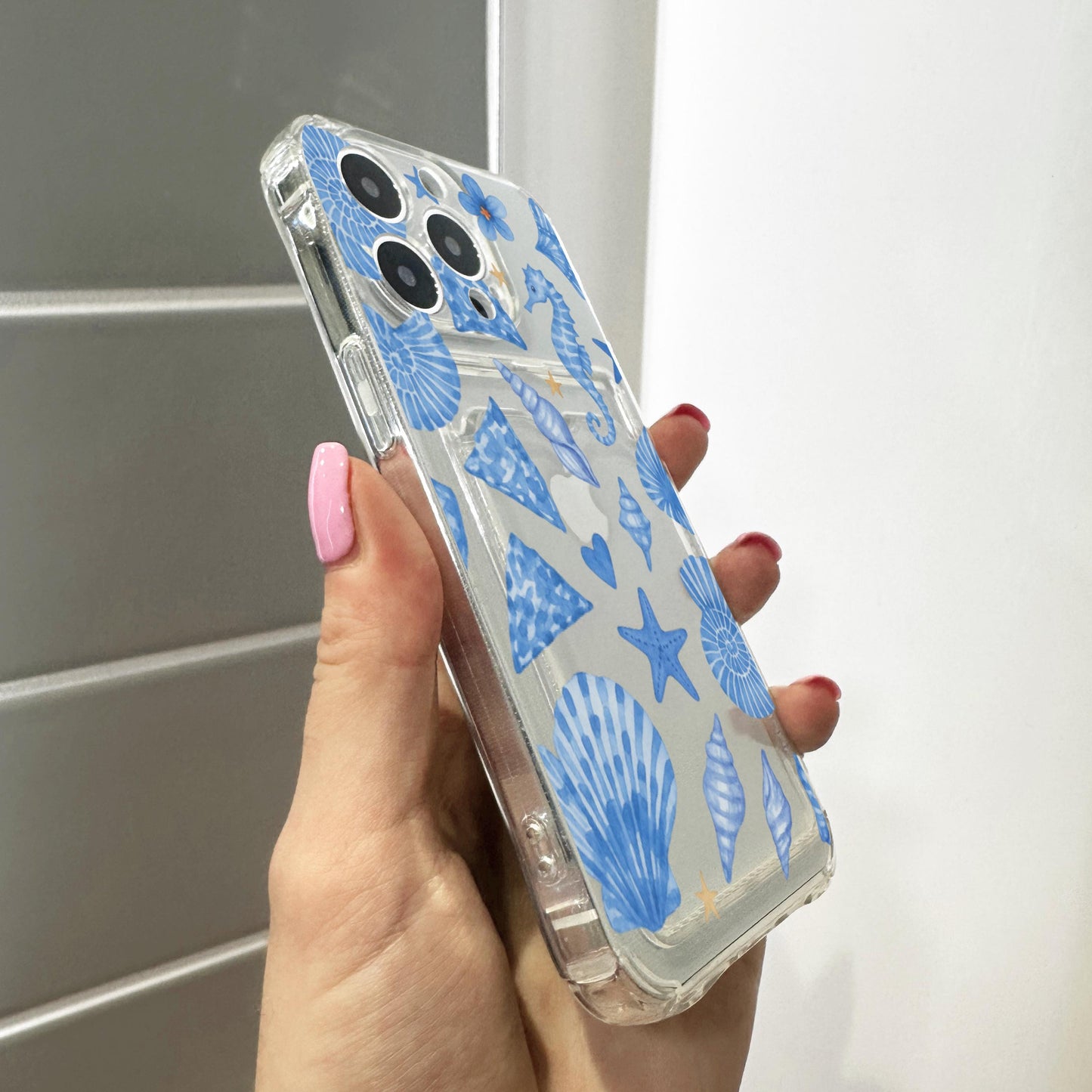 Blue Beach Theme Sea Horse Shell Pattern Clear Card Holder Phone Case for iPhone 17 16 15 14 13 12 11 11 Pro Max Mini Wallet Shockproof Case