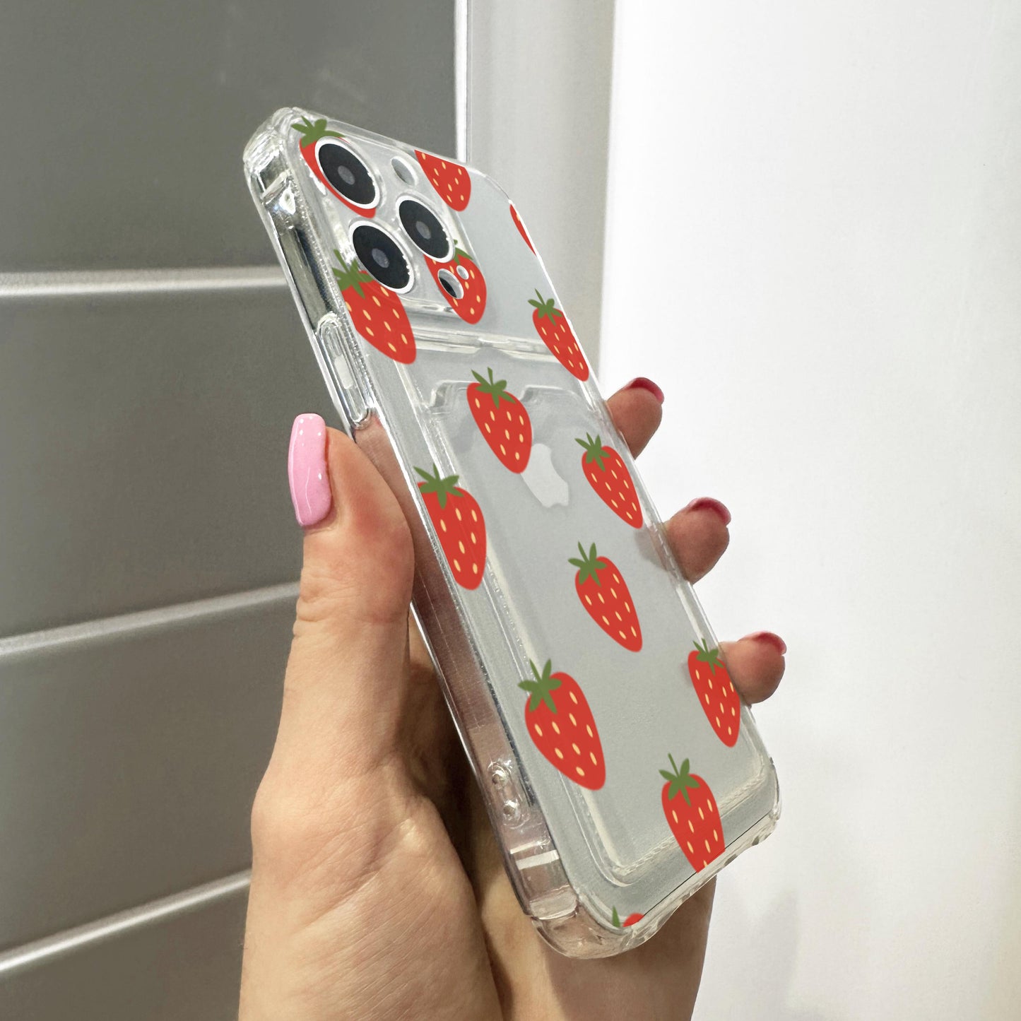 Red Strawberry Fruit Pattern Card Holder Phone Case for iPhone 17 16 15 14 13 12 11 11 Pro Max Mini 7 Wallet Shockproof Phone Cover Custom