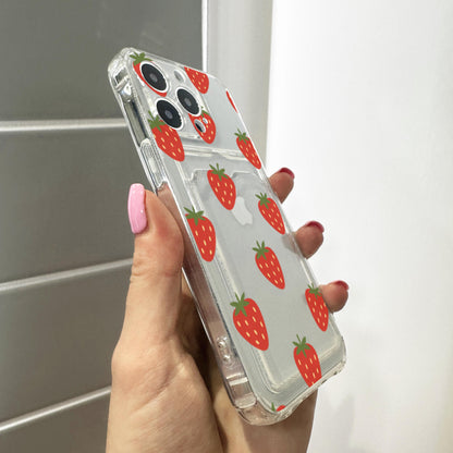 Red Strawberry Fruit Pattern Card Holder Phone Case for iPhone 17 16 15 14 13 12 11 11 Pro Max Mini 7 Wallet Shockproof Phone Cover Custom