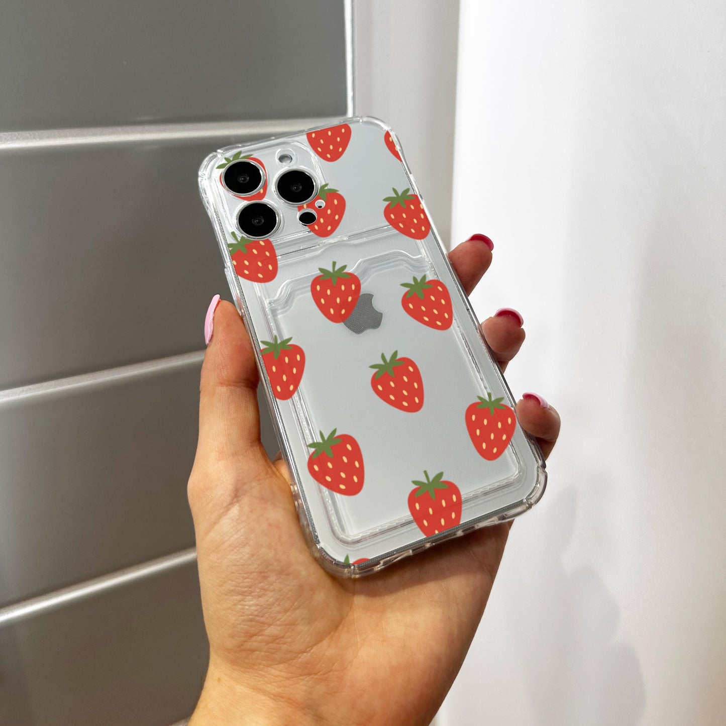 Red Strawberry Fruit Pattern Card Holder Phone Case for iPhone 17 16 15 14 13 12 11 11 Pro Max Mini 7 Wallet Shockproof Phone Cover Custom