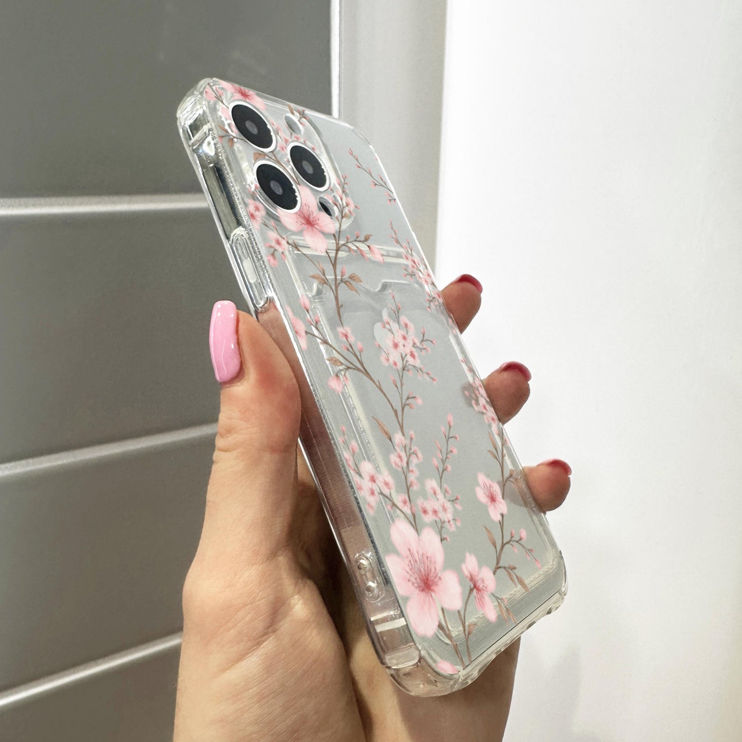 Cherry Blossom Flower Pattern Clear Card Holder Phone Case for iPhone 17 16 15 14 13 12 11 11 Pro Max Mini 7 Wallet Shockproof Phone Cover