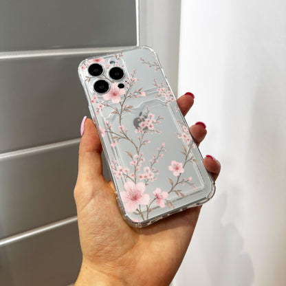 Cherry Blossom Flower Pattern Clear Card Holder Phone Case for iPhone 17 16 15 14 13 12 11 11 Pro Max Mini 7 Wallet Shockproof Phone Cover