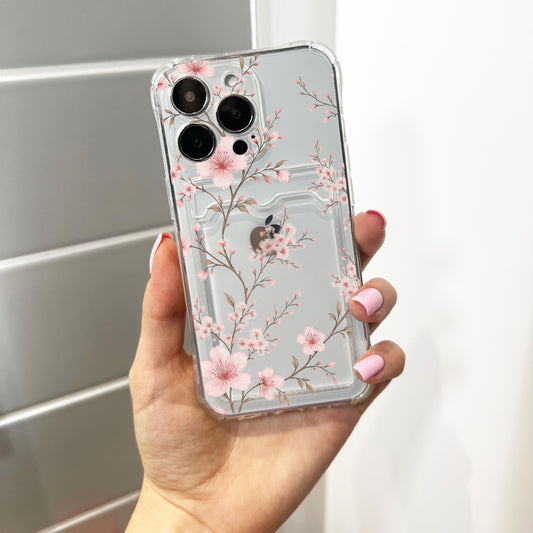 Cherry Blossom Flower Pattern Clear Card Holder Phone Case for iPhone 17 16 15 14 13 12 11 11 Pro Max Mini 7 Wallet Shockproof Phone Cover