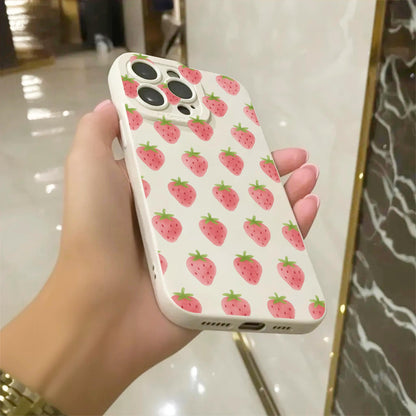 Watercolour Summer Strawberries Beige Phone Case for iPhone 17 16 15 14 13 12 11 11 Pro Max Mini 7 8 XR X Shockproof Phone Cover Custom Name