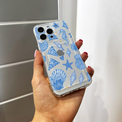 Blue Beach Theme Sea Horse Shell Pattern Clear Card Holder Phone Case for iPhone 17 16 15 14 13 12 11 11 Pro Max Mini Wallet Shockproof Case