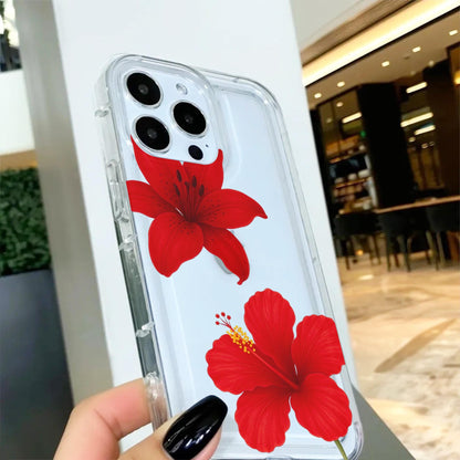 Red Hibiscus Flower Pattern Clear Phone Case for iPhone 16 15 14 13 12 11 11 Pro Max Mini 7 8 XR XS X Wallet Shockproof Cover