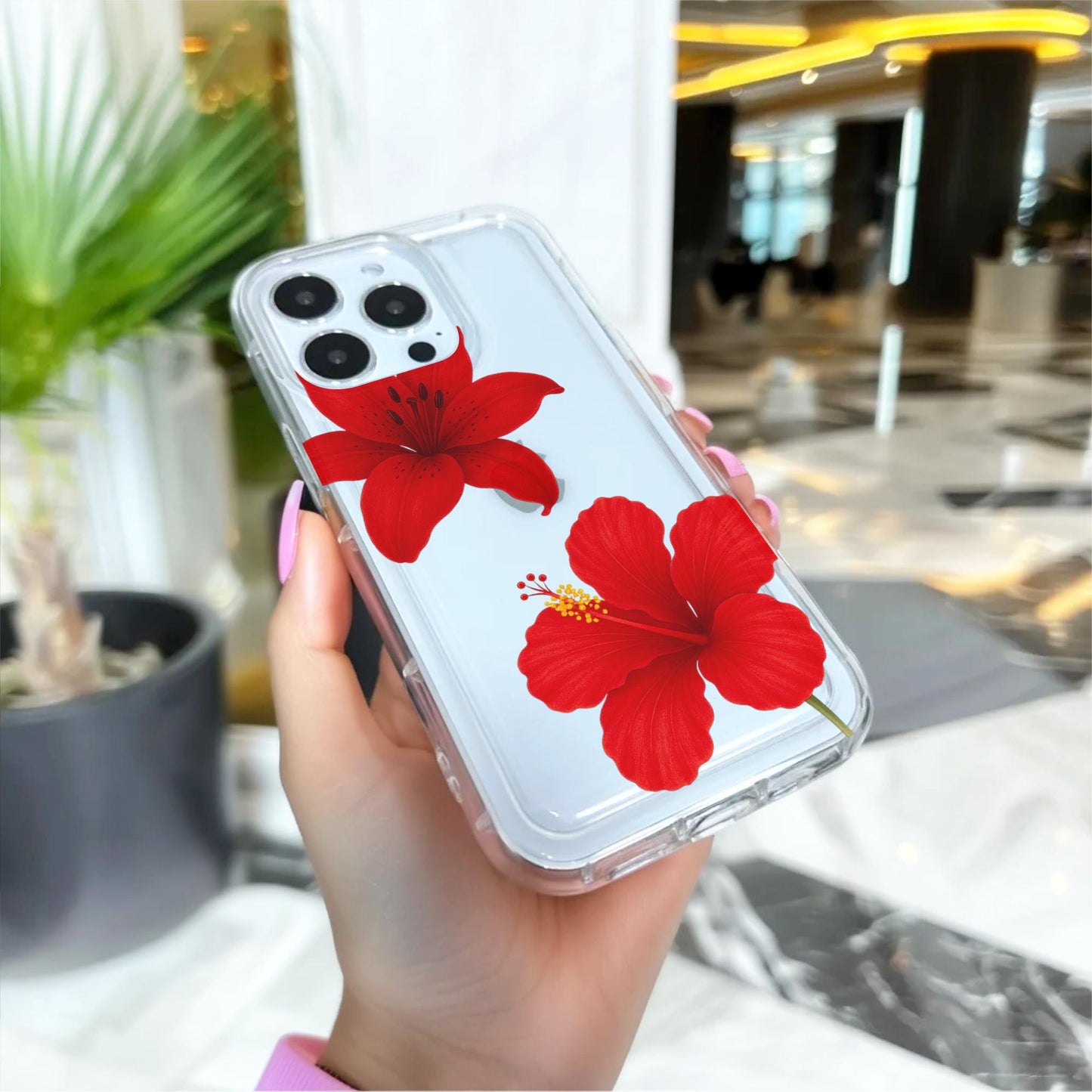 Red Hibiscus Flower Pattern Clear Phone Case for iPhone 16 15 14 13 12 11 11 Pro Max Mini 7 8 XR XS X Wallet Shockproof Cover