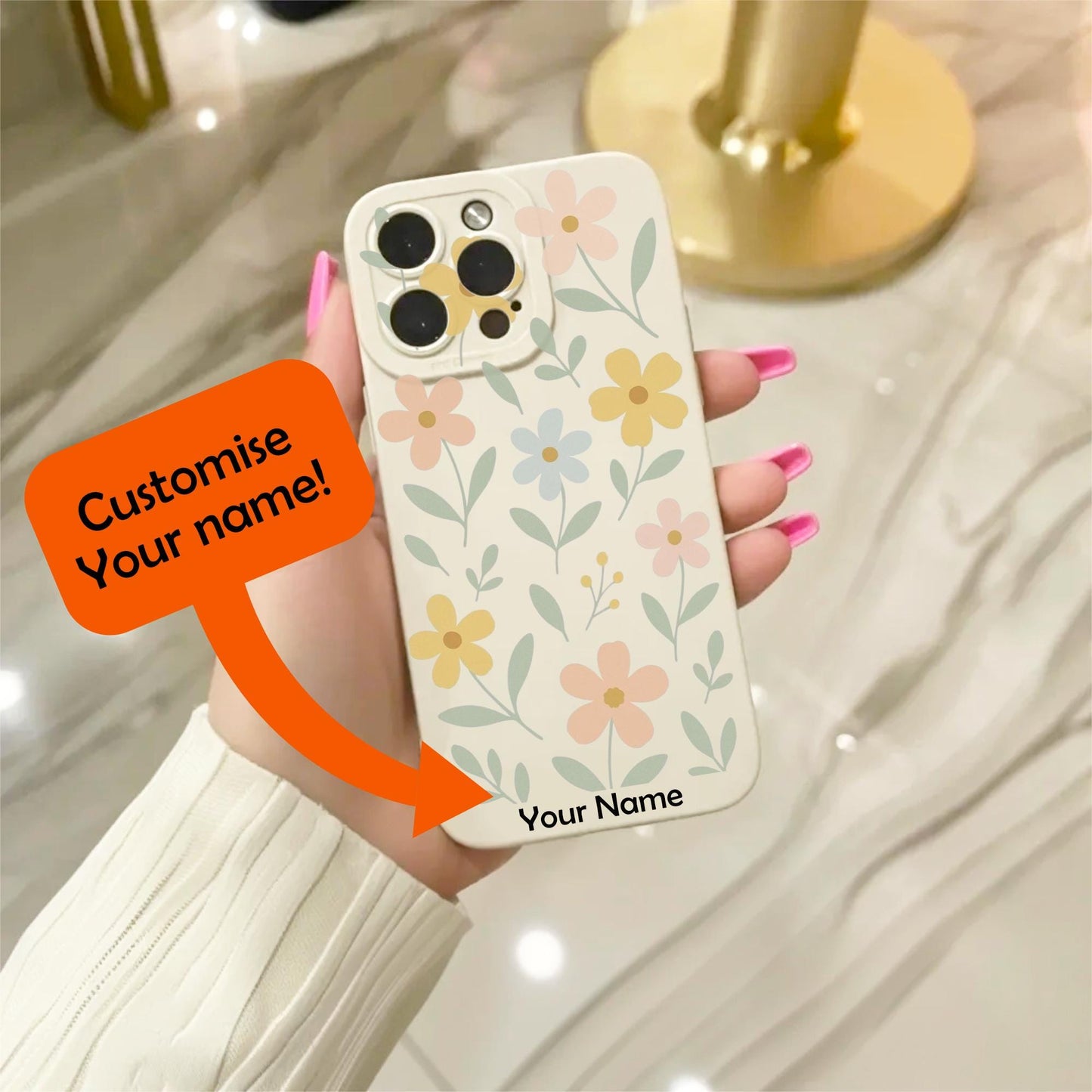 Floral Flower Pattern Beige Phone Case for iPhone 17 16 15 14 13 12 11 11 Pro Max Mini 7 8 XR XS X Shockproof Phone Cover with Custom Name