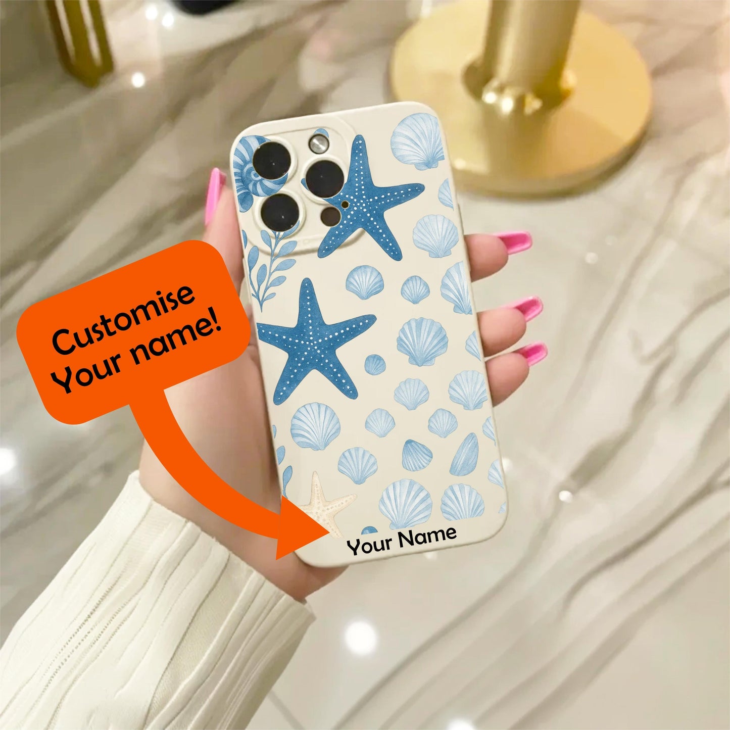 Blue Shell Starfish Beach Theme Beige Phone Case for iPhone 17 16 15 14 13 12 11 11 Pro Max Mini 7 8 XR X Shockproof Phone Cover Custom Name