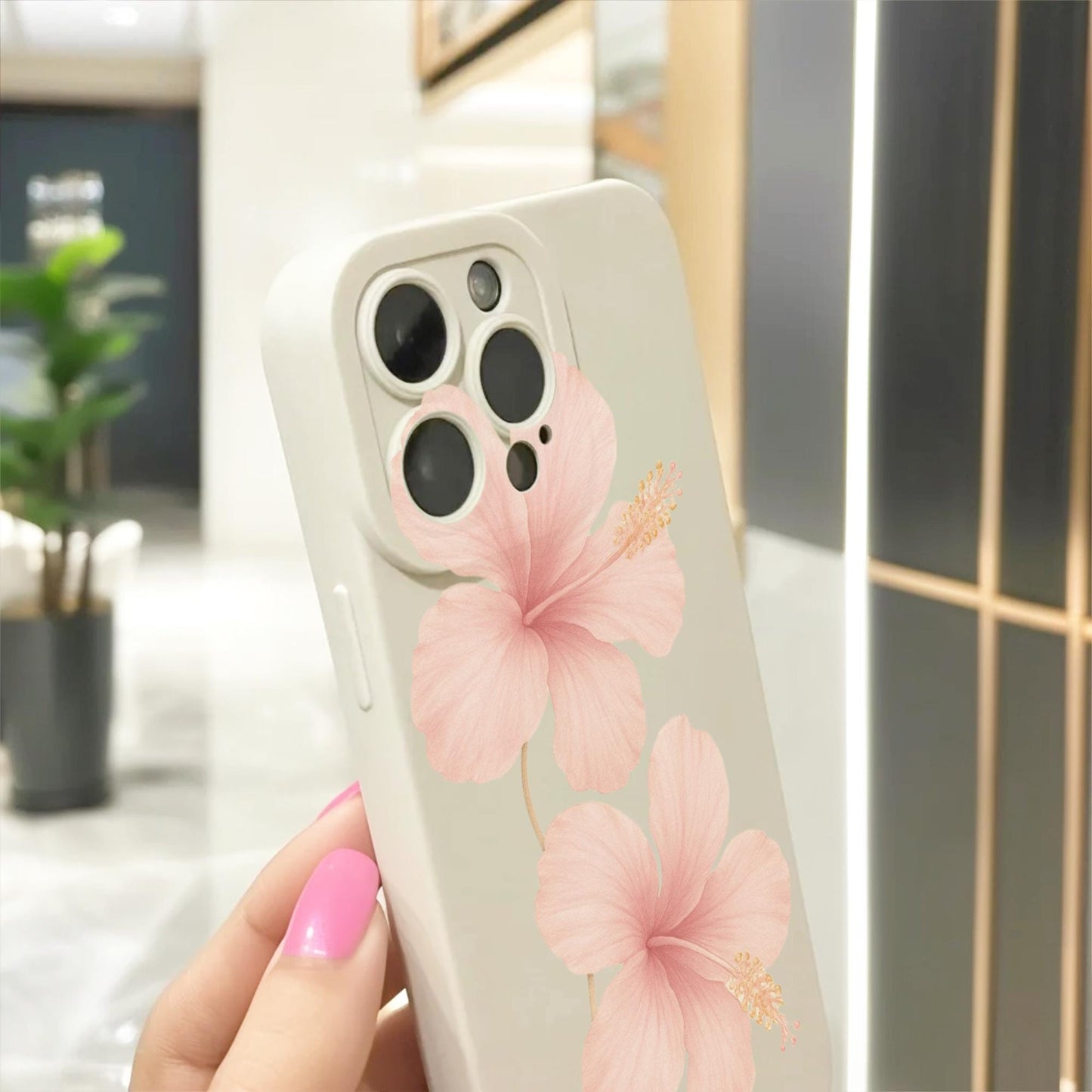 Pink Hibiscus Flower Floral Beige Phone Case for iPhone 17 16 15 14 13 12 11 11 Pro Max Mini 7 8 XR XS X Shockproof Phone Cover Custom Name